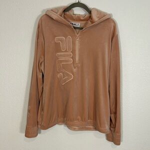 FILA Soft Blush Pink Embroidered Lettering Quarter Zip Velour Sweatshirt Hoodie